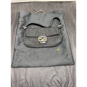 Authentic Fendi Black Zucca Canvas Baguette Shoulder Bag with Silver Hardware